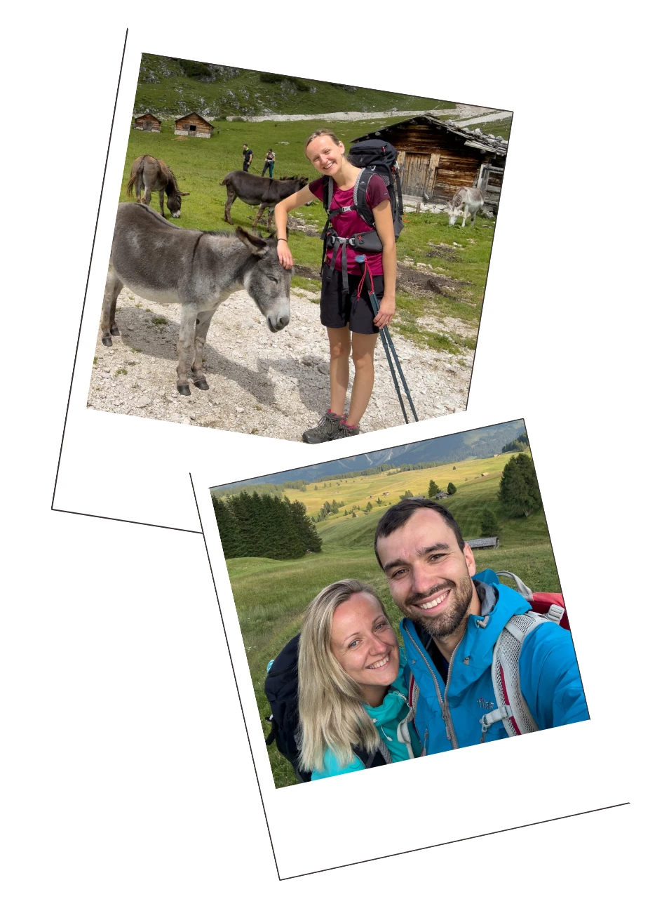 Eliška s oslíkem na horách a s manželem Markem na výletě